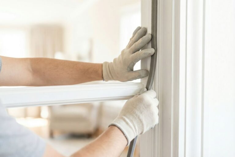 Hands repair a window seal in a bright room with soft furniture during daylight hours to prevent air leaks and improve energy efficiency