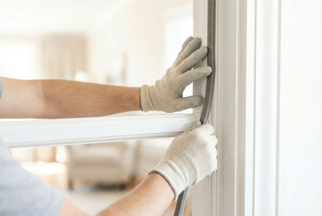 Hands repair a window seal in a bright room with soft furniture during daylight hours to prevent air leaks and improve energy efficiency