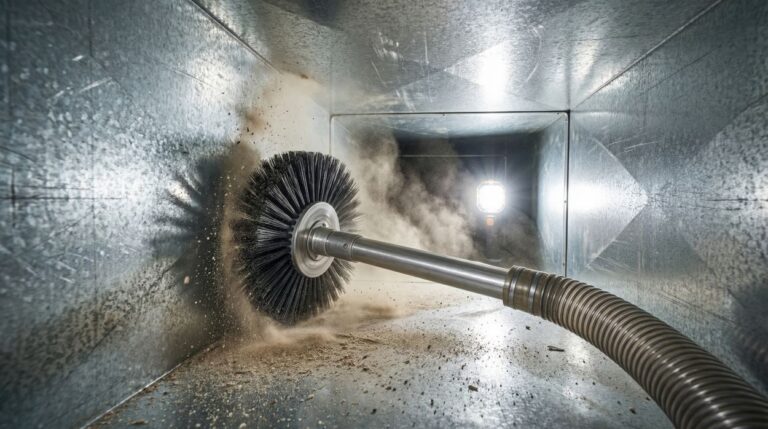 Professional hvac air duct cleaning service using rotating brush tool to remove dust and debris inside metal ventilation system for improved indoor air quality and efficient residential heating See Less