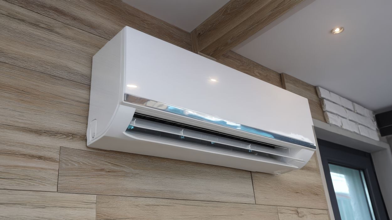 Air conditioner (AC) indoor unit or evaporator and wall-mounted. That is part of mini split system or ductless system type. For removing heat and moisture from room. Including humidity ... See More