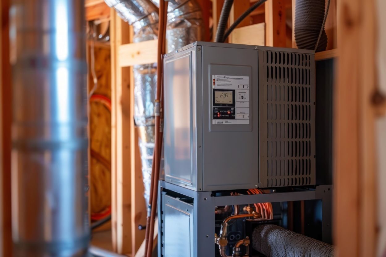 Brand new energy efficient heat pump being installed in a residential home